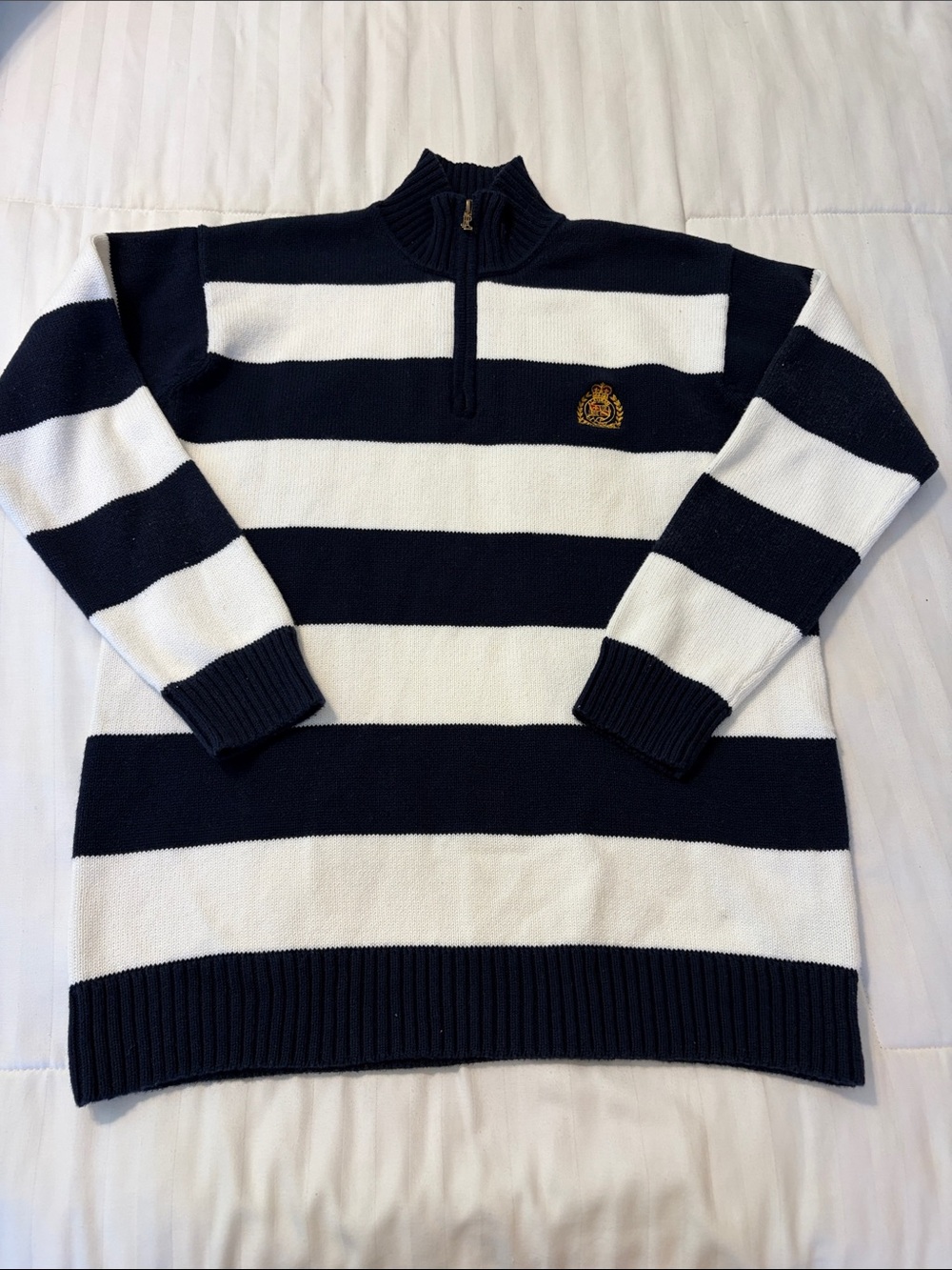 Ralph Lauren Navy and White Striped Quarter-Zip Sweater with Crest